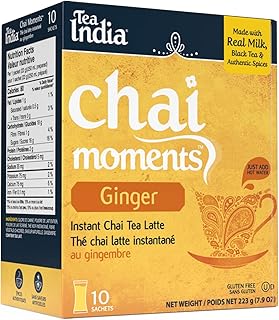Tea India Chai Moments Ginger Chai Tea Instant Latte Mix Flavorful Blend Of Premium Black Tea, Ginger & Natural Ingredients Traditional Indian Caffeinated Tea Individually Wrapped 10 Sachets