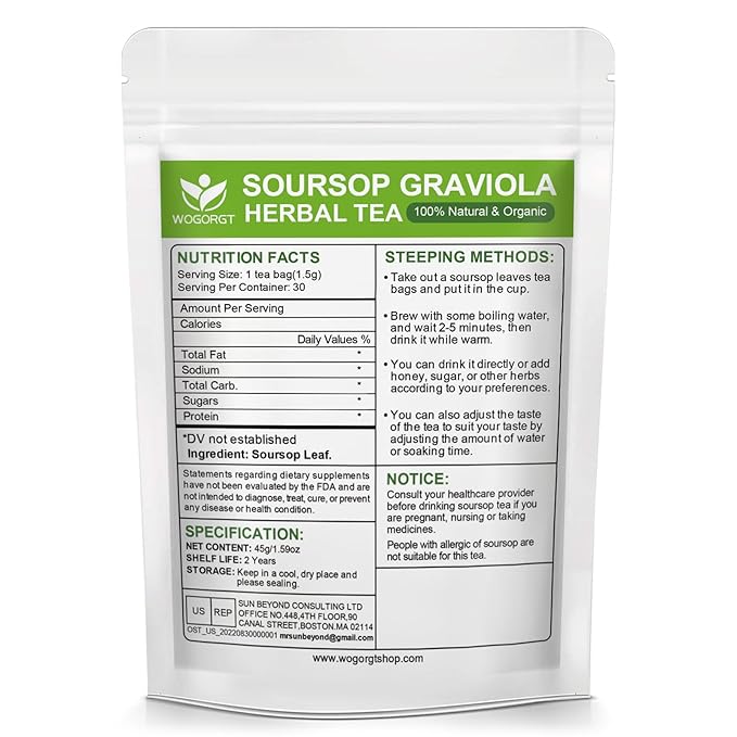 Organic Soursop Leaves Tea Bags - Soursop Graviola Leaves Herbal Tea bags for Immune Support, Antioxidant - Guanabana Leaves - Caffeine Free