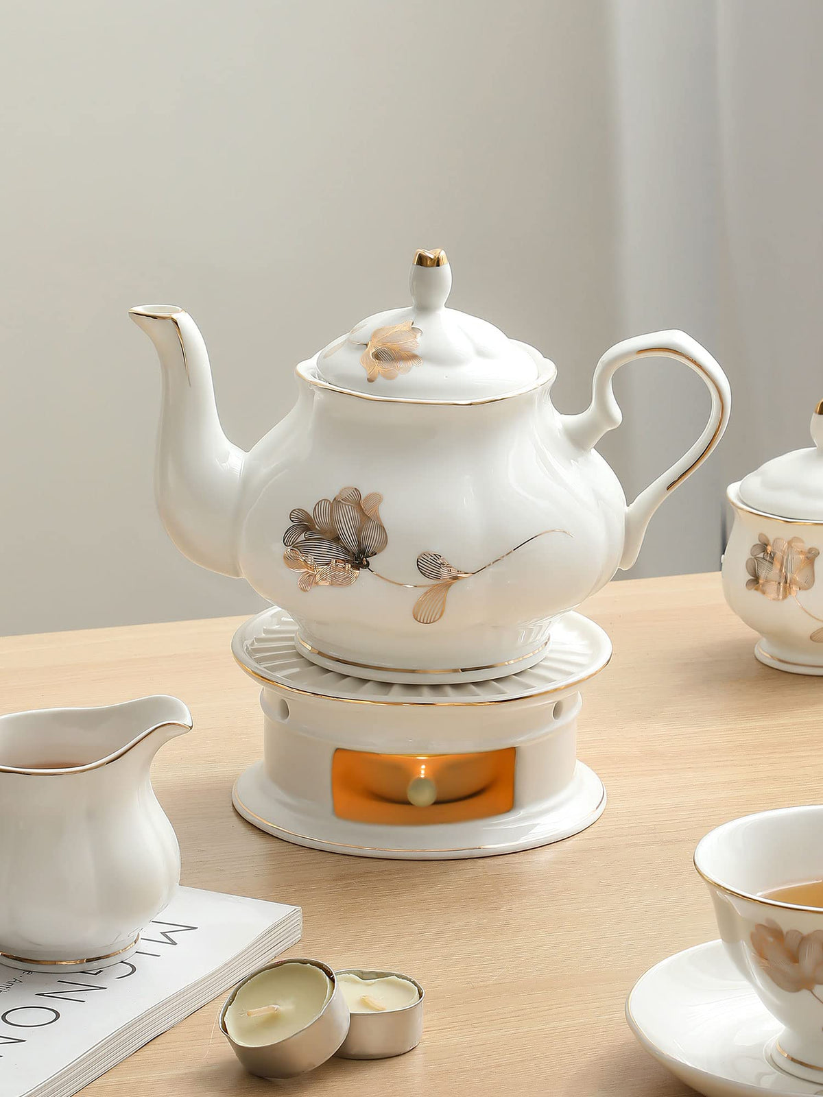 CHENP.HMC Teapot Warmer, Ceramic Tea Warmer with Tealight Holder(White)