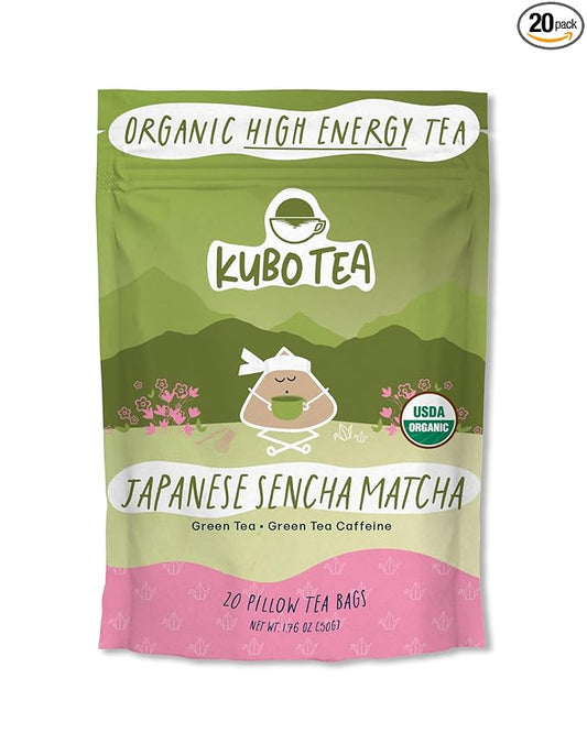High Caffeine Tea (140 mg) - Kubo Tea: Organic Japanese Matcha Green Tea Bags for Focus, Calm Energy & Clarity | Healthy Coffee Substitute | Matcha Energy Blend | 20 Ct | Compostable Packaging