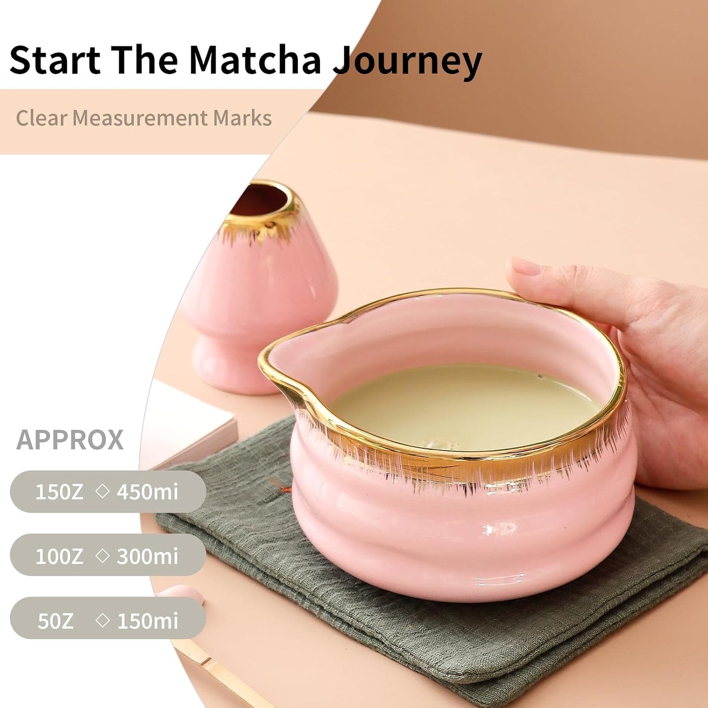7-Piece Matcha Set, Matcha Bowl &amp; Bamboo Whisk Kit | Ceremonial Matcha Whisk Tools with Golden Texture Details, Japanese Tea Ceremony Starter Kit &amp; Unique Matcha Gift (Pink)