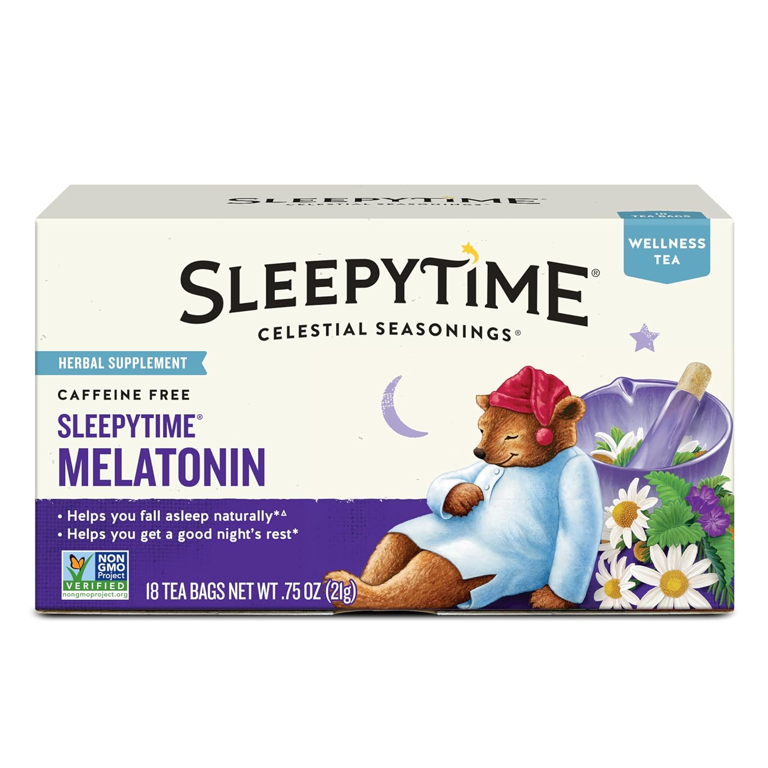 Celestial Seasonings Sleepytime Melatonin Wellness Tea, Caffeine Free, 18 Bags (Pack Of 6)