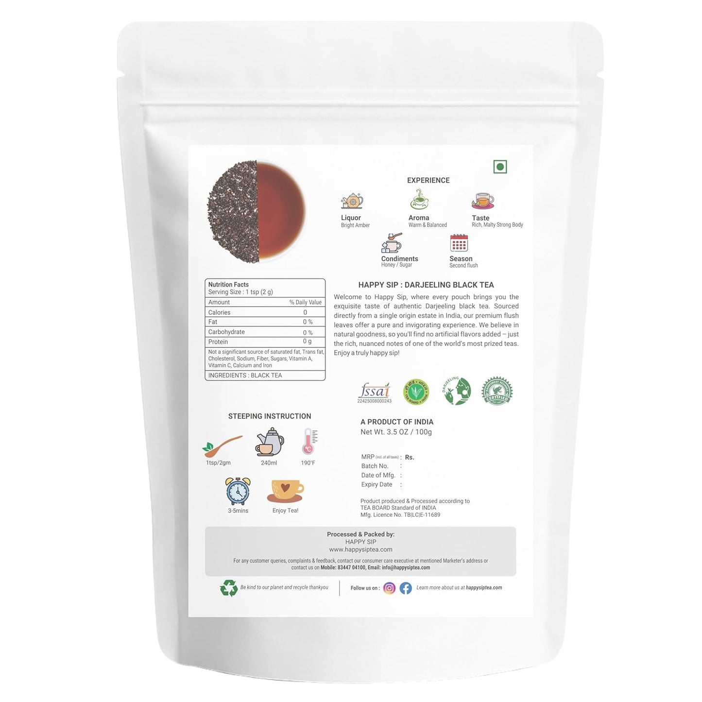 Happy Sip English Breakfast Tea Loose Leaf (100g/3.5oz) Strong, Robust, High Caffeine Black Tea Loose Leaf | Non-GMO | Resealable, Ziplock Pouch | Brew Hot, Iced | Darjeeling Black Tea