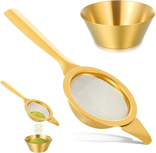 2.2" Gold Matcha Strainer, 30 Fine Mesh Matcha Sifter with Handle and Base, Stainless Steel Small Tea Strainer Fine Mesh, Small Metal Matchas Strainers for Loose Tea Coffee Cocktail