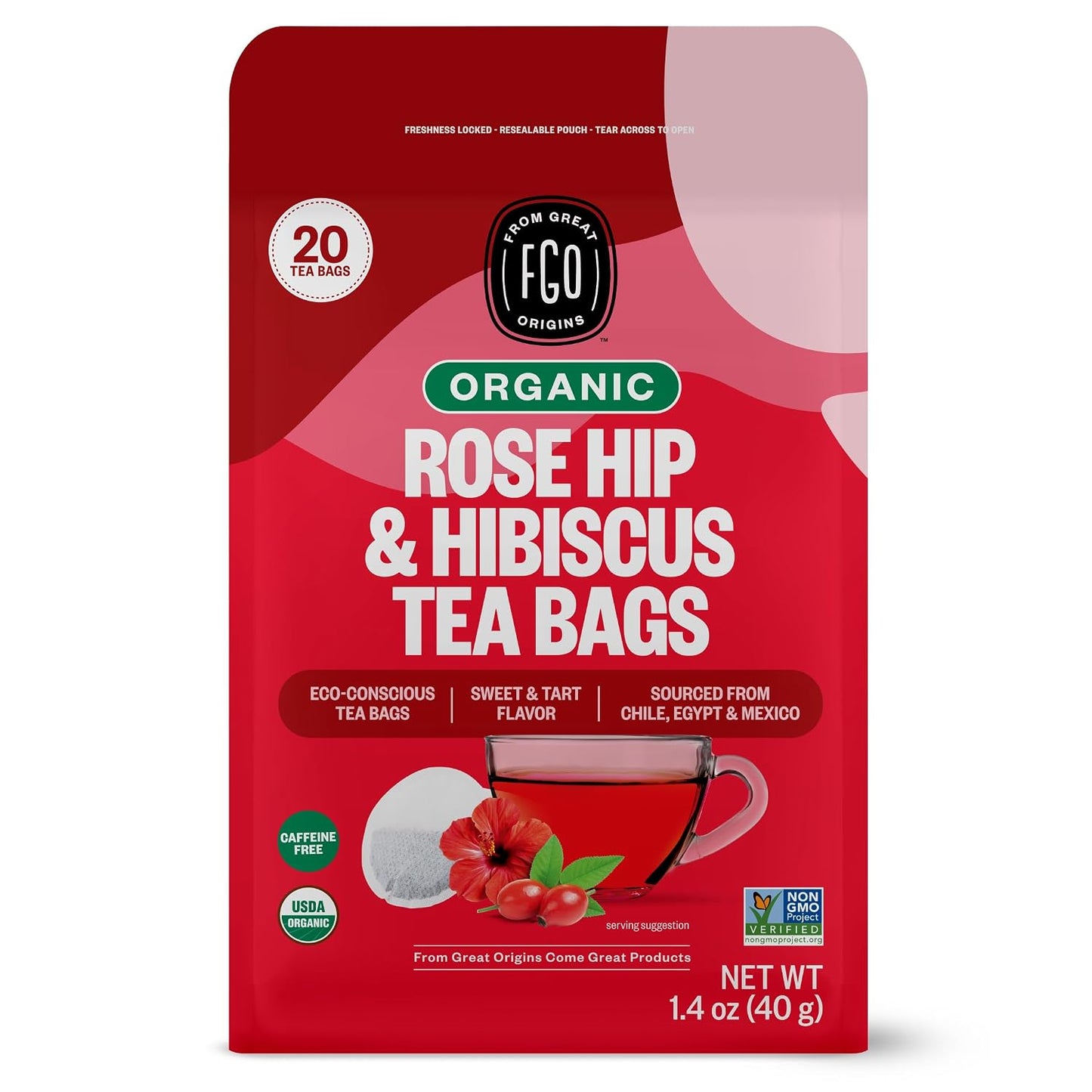 FGO Organic Rosehips Tea, 20 Count, Eco-Conscious Herbal Tea Bags, Resealable Bag, Caffeine Free, Packaging May Vary (Pack of 1)