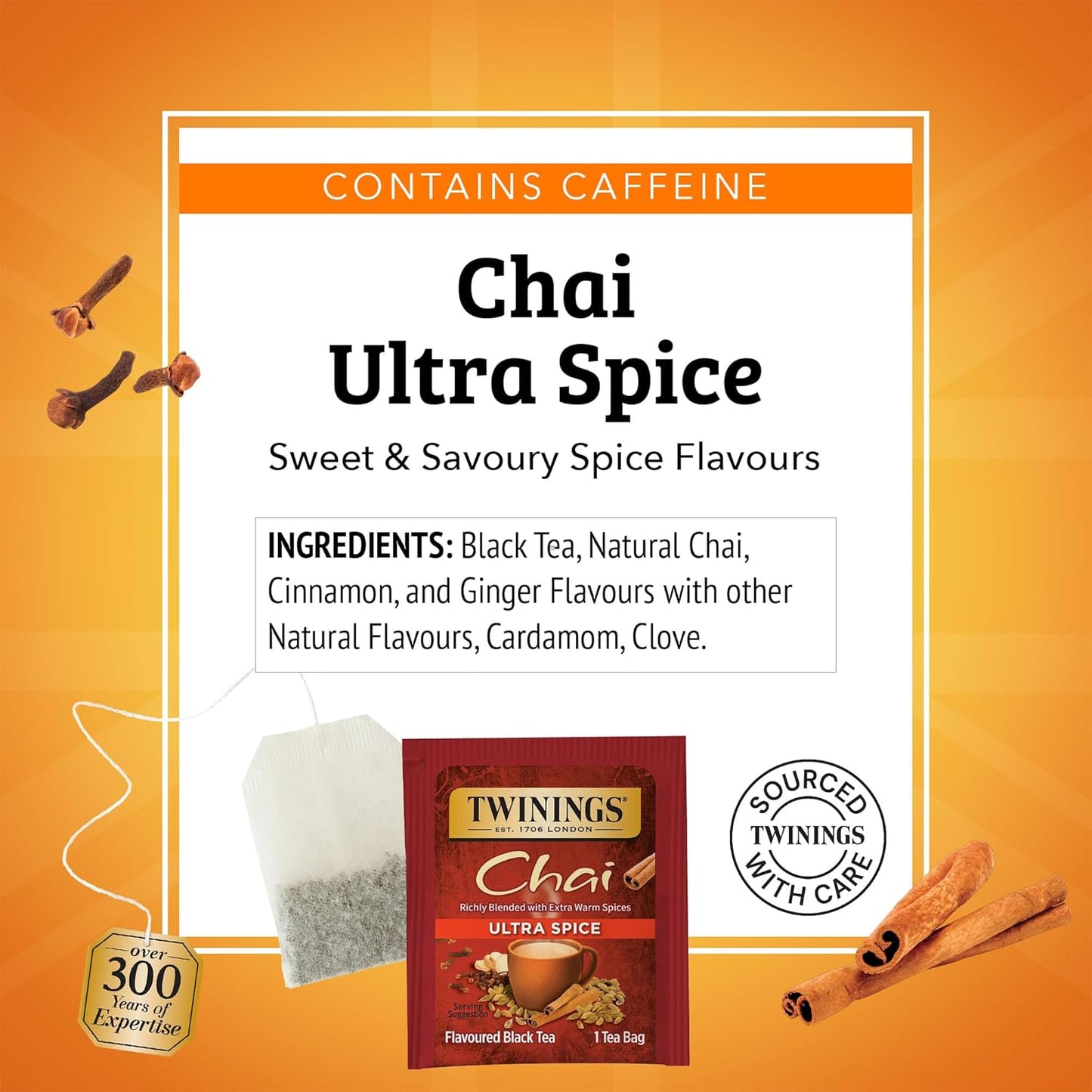 Twinings Ultra Spice Chai Black Tea Bags, 20 CT Box (1 Pack) | Sweet &amp; Savoury, Extra Cinnamon, Ginger, Cardamom &amp; Clove, Naturally Caffeinated, 20 Foil Lined Individually Wrapped Bags
