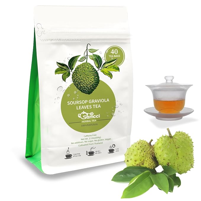 Samcci - Soursop Leaves Tea Bags, 40Teabags, 1.5g/bag, 100% Pure Graviola Leaves Tea - Hojas De Guanabana Tea - Digestive Comfort - Skin Comfort - Non-GMO - Caffeine-free