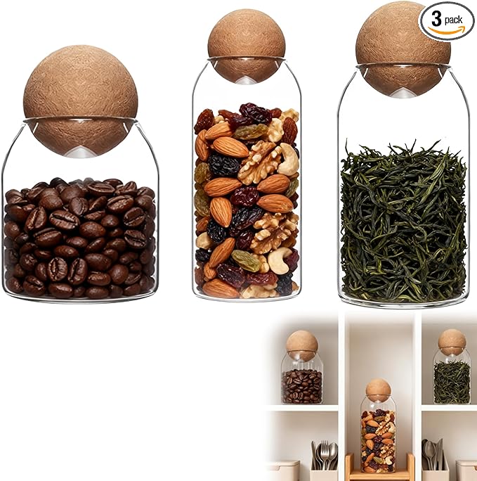 3 Pcs Glass Storage Jars with Ball Cork Lids – Clear Glass Canisters with Wooden Clips, Labels & Marker