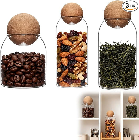3 Pcs Glass Storage Jars with Ball Cork Lids – Clear Glass Canisters with Wooden Clips, Labels & Marker