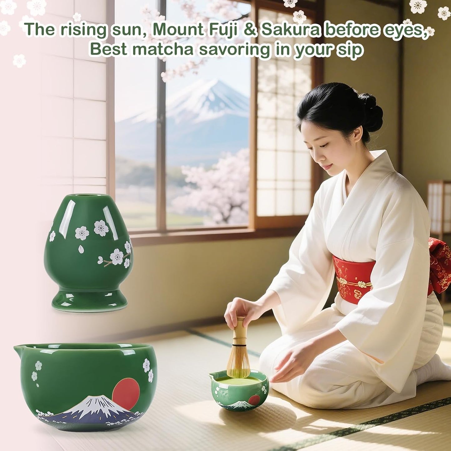 DUJUST Japanese Matcha Whisk Set, Unique Design of Mount Fuji, Sakura &amp; Dawn, Cute Ceramic Matcha Set, One of A Kind Gift for Matcha Lovers - 7 pcs of Japanese Serenity