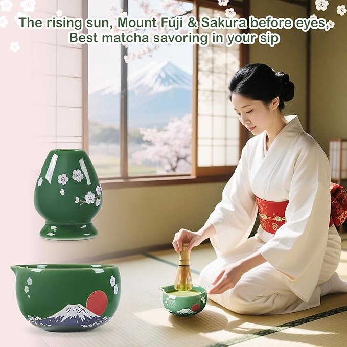 Dujust Japanese Matcha Whisk Set, Unique Design of Mount Fuji, Sakura & Dawn, Cute Ceramic Matcha Set, One of A Kind Gift for Matcha Lovers