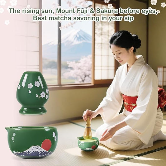 Dujust Japanese Matcha Whisk Set, Unique Design of Mount Fuji, Sakura & Dawn, Cute Ceramic Matcha Set, One of A Kind Gift for Matcha Lovers