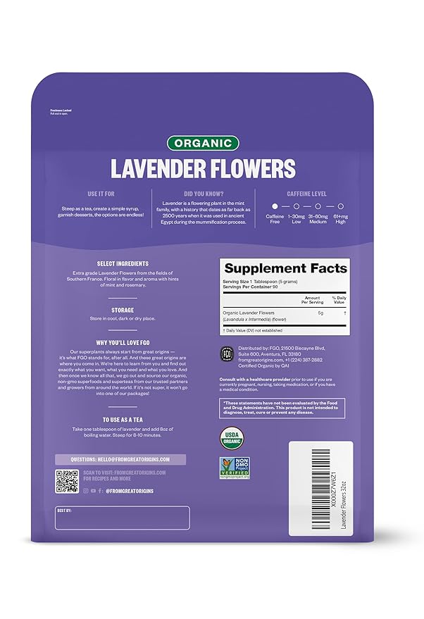 FGO Organic Dried Lavender Flowers, Extra Grade Dried Buds, Imported From France for Culinary or Sachet Bags, 16oz Bulk, Packaging May Vary (Pack of 2)