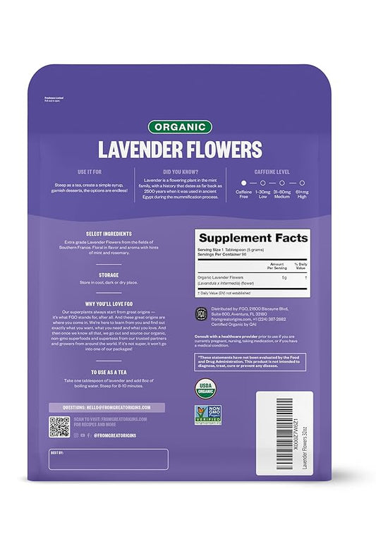 FGO Organic Dried Lavender Flowers, Extra Grade Dried Buds, Imported From France for Culinary or Sachet Bags, 16oz Bulk, Packaging May Vary (Pack of 2)