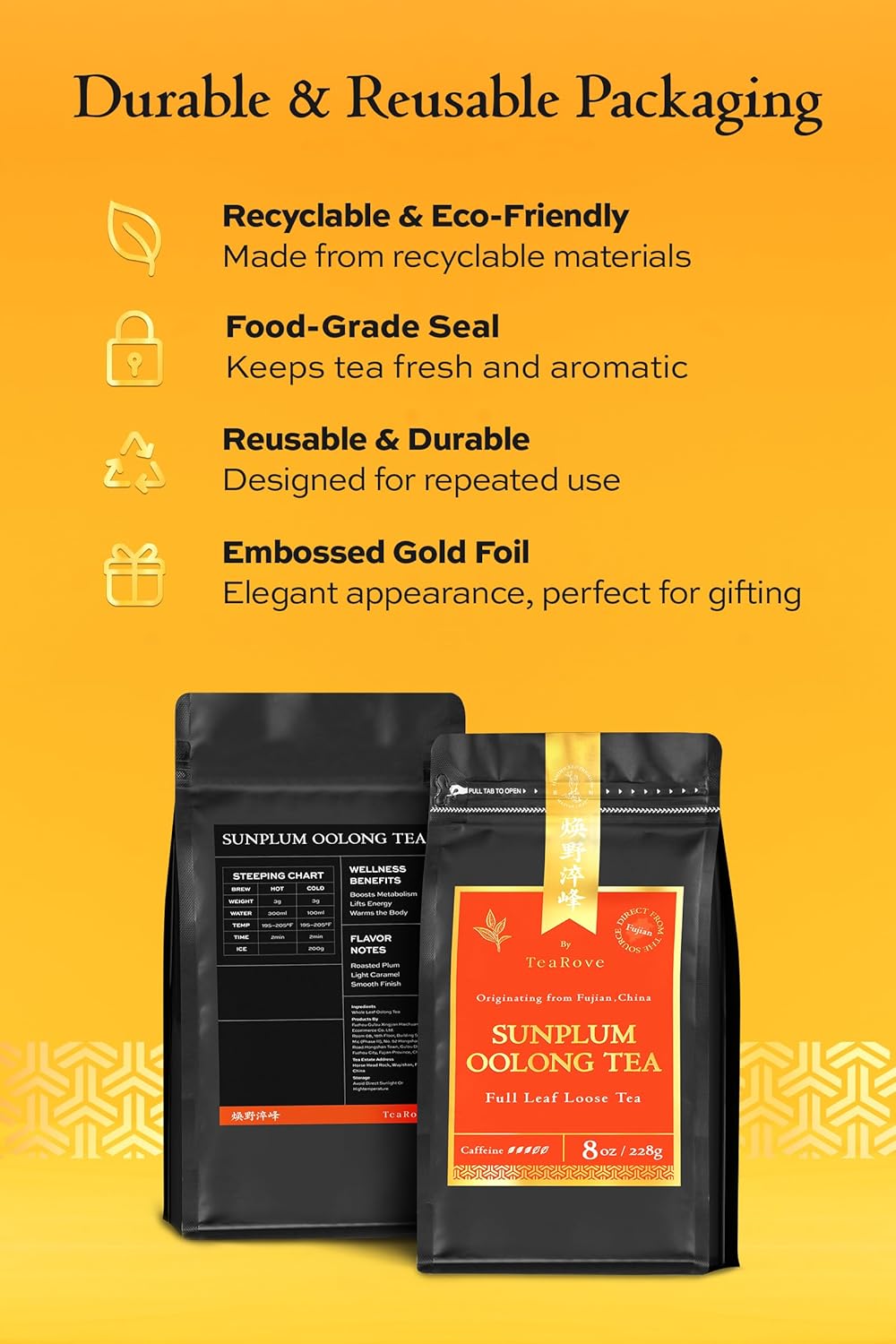 TeaRove Sunplum Oolong Tea Loose Leaf, Medium Caffeinated, 8oz/228g, Premium Chinese Oolong Tea Whole Leaves, Enjoy Hot or Iced, Light Caramel & Roasted Plum, Smooth Finish