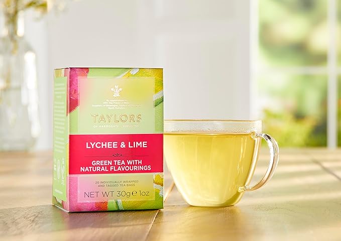 Taylors of Harrogate Lychee & Lime, Green Tea, Individually Wrapped Bags, 20 Count, Uplifting, Zesty and Lively, Caffeinated, Enjoy Hot or Iced
