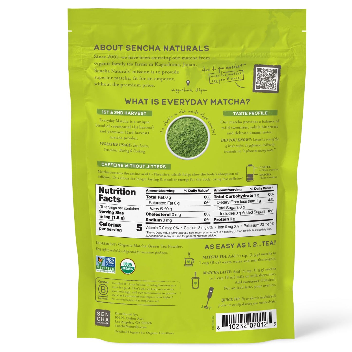 SEN CHA Naturals Organic Matcha Powder, Authentic Japanese Green Tea, Premium First & Second Harvest Culinary and Ceremonial Grade Matcha Powder, Lattes & Baking, 4oz Bag (1 Pack)