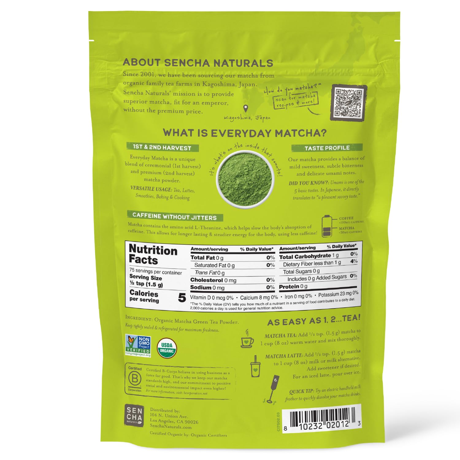 SEN CHA Naturals Organic Matcha Powder, Authentic Japanese Green Tea, Premium First & Second Harvest Culinary and Ceremonial Grade Matcha Powder, Lattes & Baking, 4oz Bag (1 Pack)