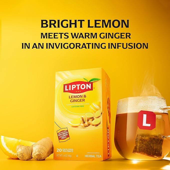 Lipton Lemon Ginger Tea Bags, Caffeine Free Tea, Refresh Fruit and Herbal Tea, Individually Wrapped, 80 Total tea Bags (20ct - Pack of 4)
