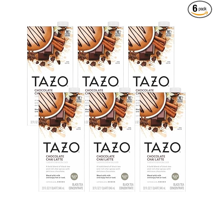 TAZO Chocolate Chai Latte, Flavored Black Tea Concentrate, 32 Fl Oz Carton (Pack of 6)