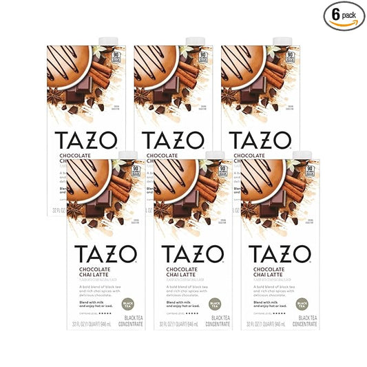 TAZO Chocolate Chai Latte, Flavored Black Tea Concentrate, 32 Fl Oz Carton (Pack of 6)
