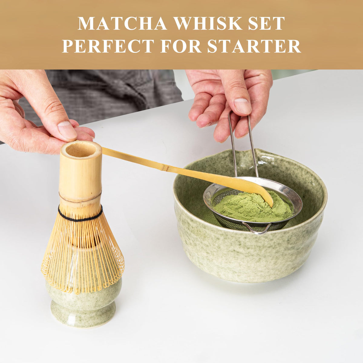 YIBO Matcha Whisk Set, Matcha Making Kit Whisk (Chasen Holder), Ceramic Whisk Holder (Mottled Green), Bamboo Scoop, Powder