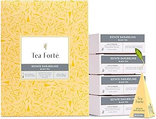 Tea Forte Estate Darjeeling Premium Caffeinated Black Tea Blend Event Box, Bulk Pack 40 Count, 10 per tray Individually Wrapped Handcrafted Pyramid Infusers