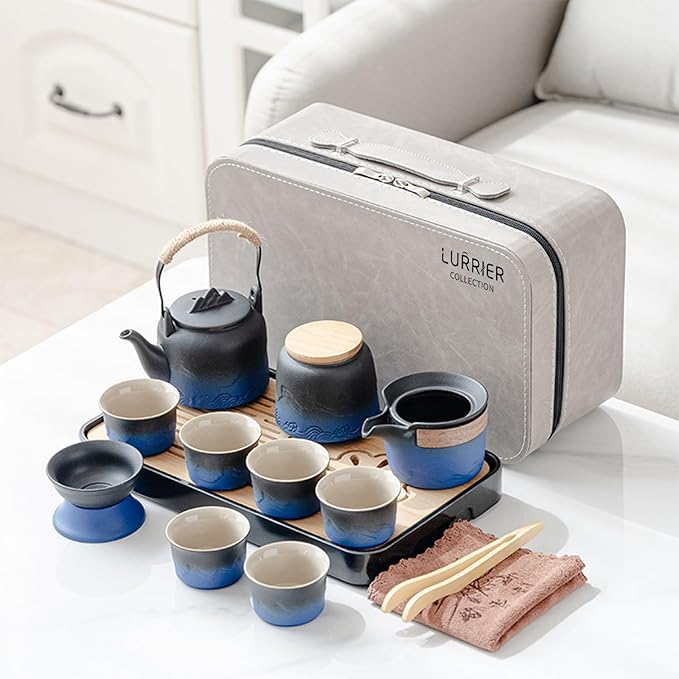 LURRIER Gongfu tea sets, Portable Ceramic TeaSet, Asian Tea sets for adult, Tea Gift sets, Grey leat