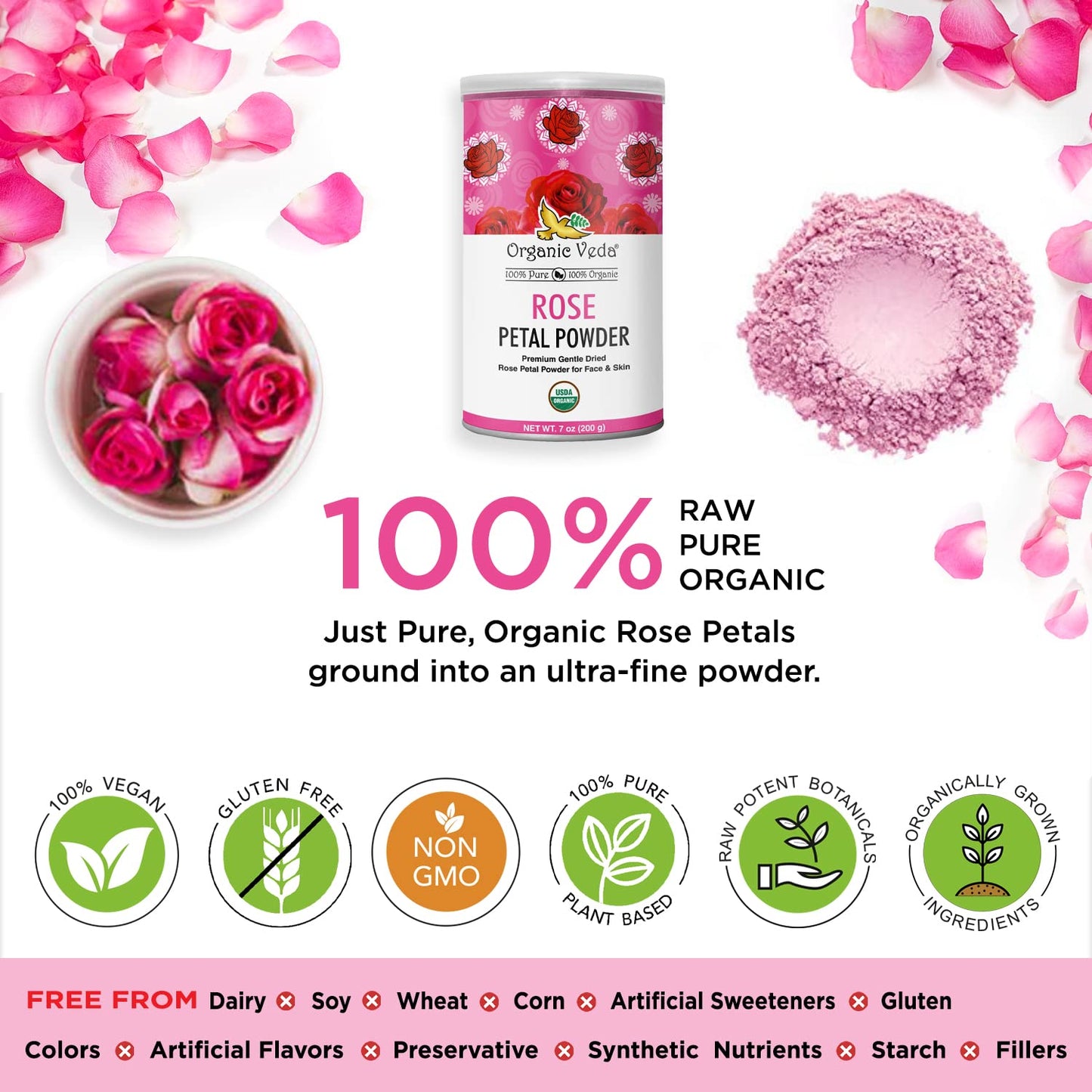 Organic Veda Rose Petals Powder - USDA Organic Edible Dried Rose Petals for Tea, Baking, Drink Mix, DIY Beauty Skin Care