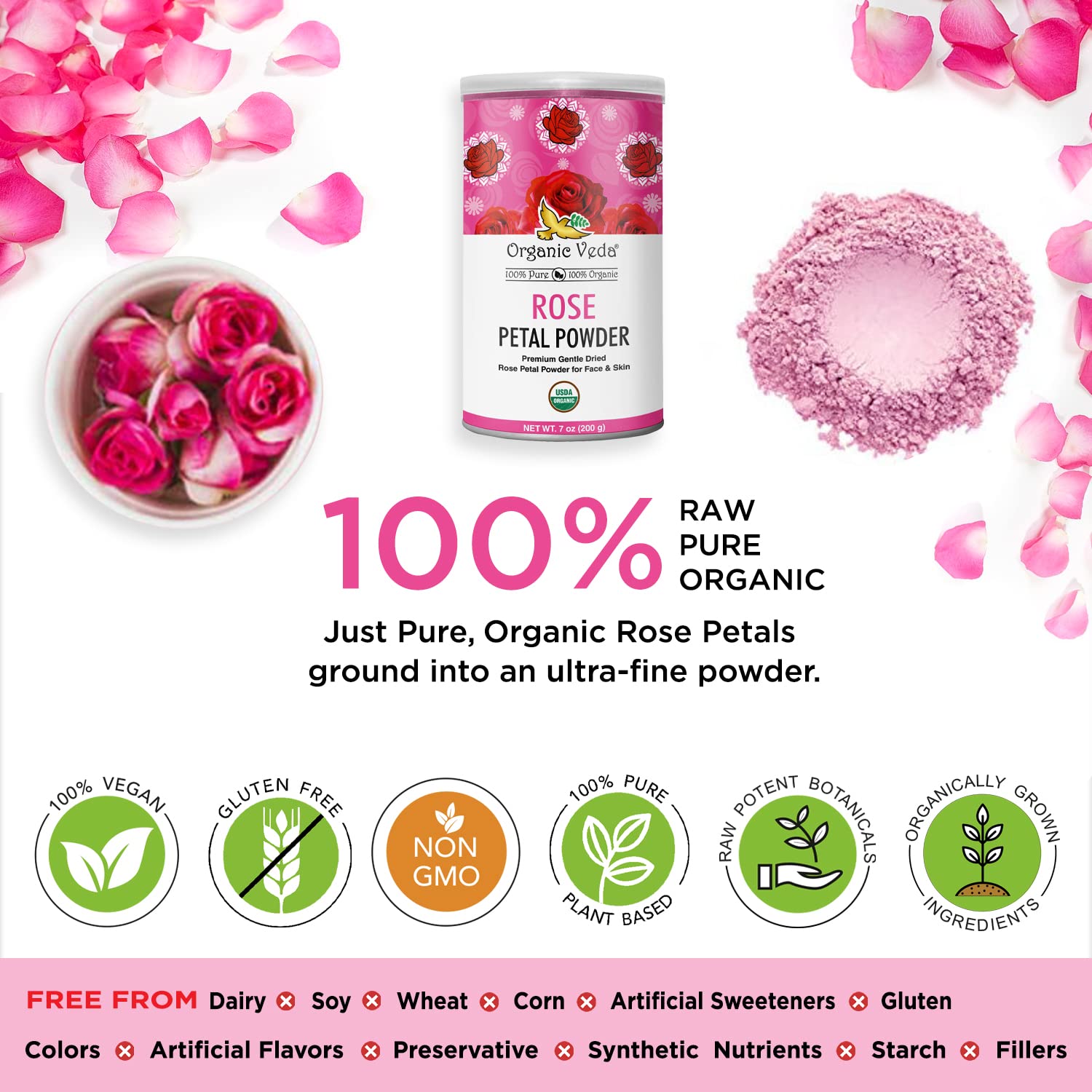 Organic Veda Rose Petals Powder - USDA Organic Edible Dried Rose Petals for Tea, Baking, Drink Mix, DIY Beauty Skin Care