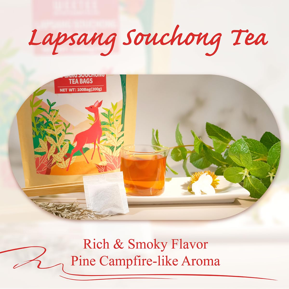 WT WEETEE Lapsang Souchong Tea Bags, 100 Count Smoky Black Tea, Natural Caffeine & Antioxidant, Classic Specialty Chinese Tea, Resealable Kraft Bag | Brew Hot or Iced