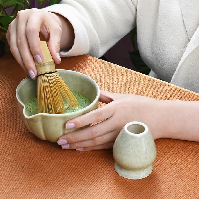 Artcome 4 Pcs Japanese Matcha Tea Set - Matcha Bowl with Pouring Spout, Matcha Whisk, Tea Scoop, Whisk Holder, Handmade Matcha Ceremony Kit For Japanese Tea Ceremony, Mottled Green