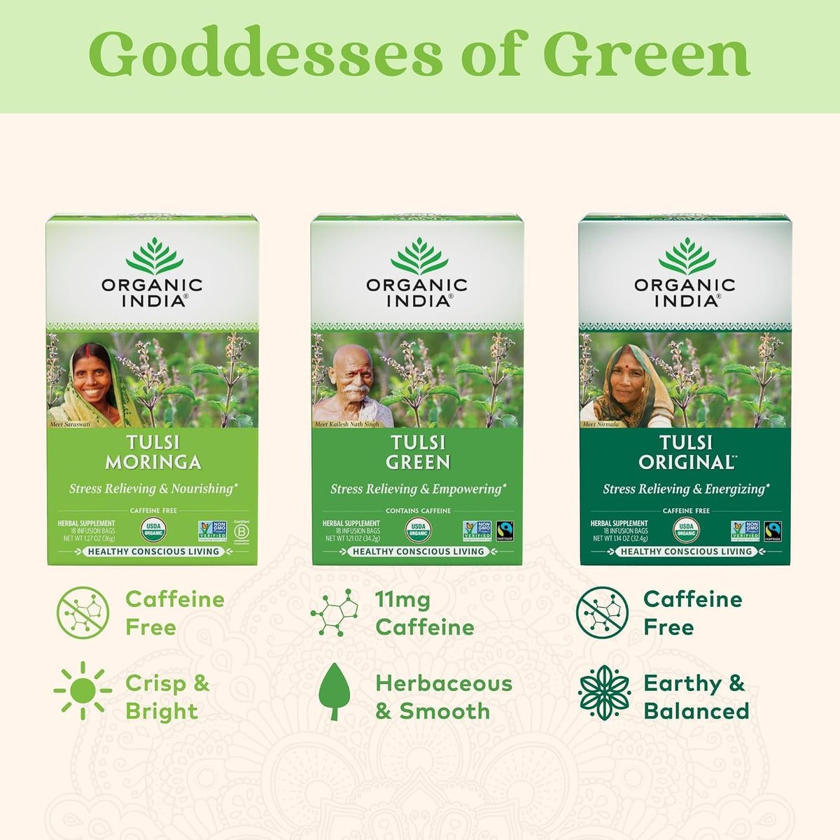 ORGANIC INDIA Tulsi Moringa Tea Bags, Holy Basil, 18 Bags, 3 Pack