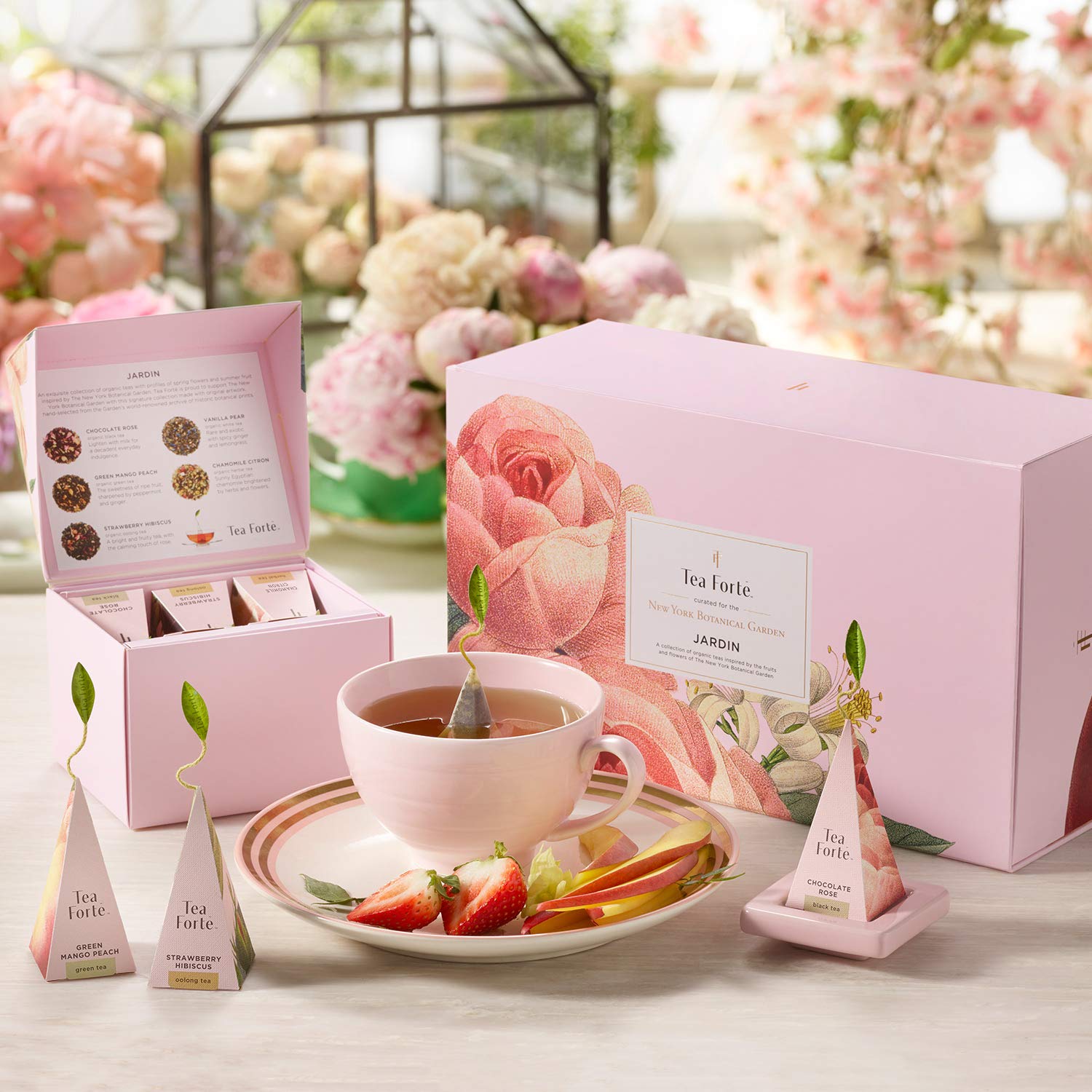 Tea Forte Jardin 3-Piece Premium Tea Gift Set with Rose Pink Cafe Cup with Lid, Tea Tray and 10 Assorted 2 of Each Variety Organic Handcrafted Pyramid Infuser Tea Bags