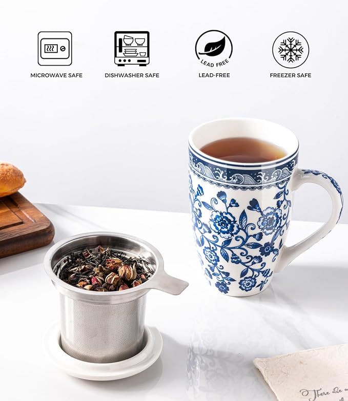 AmorArc Porcelain Tea Mug with Infuser and Lid, 18 Oz Tea Cup with Handle for Loose Leaf Tea, Gift for Tea Lovers of Men and Women