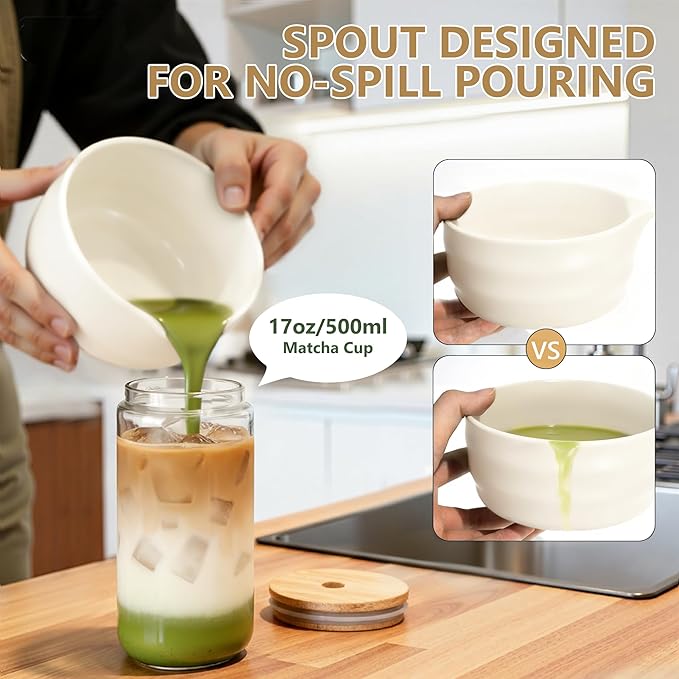 9PCS Matcha Whisk Set, Ceramic Bowl with Spout, Bamboo Whisk & Holder, Matcha Cup, Ceremony Tea Making Tools, Modern Design Gift for Matcha Beginners Lovers (Cream White)