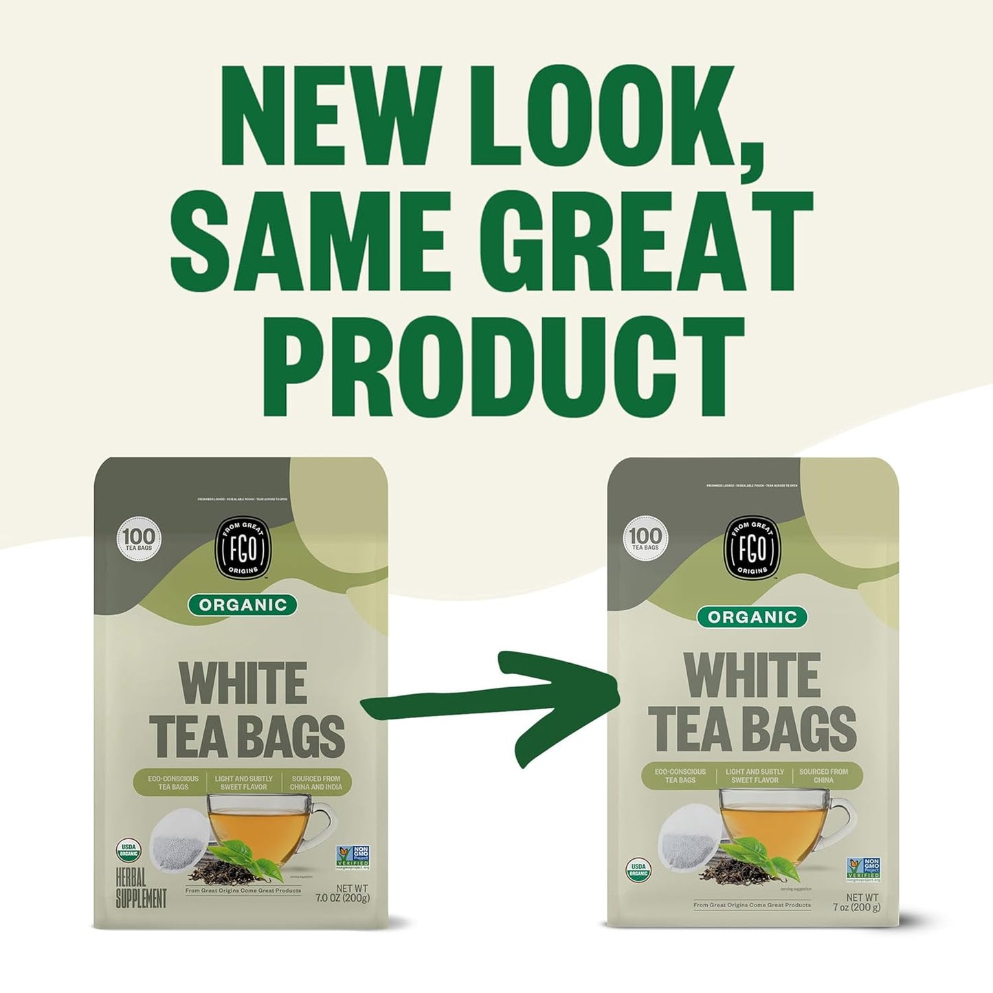 FGO Organic White Tea, 100 Count, Eco-Conscious Tea Bags, Resealable Bag, Packaging May Vary(Pack of 1)