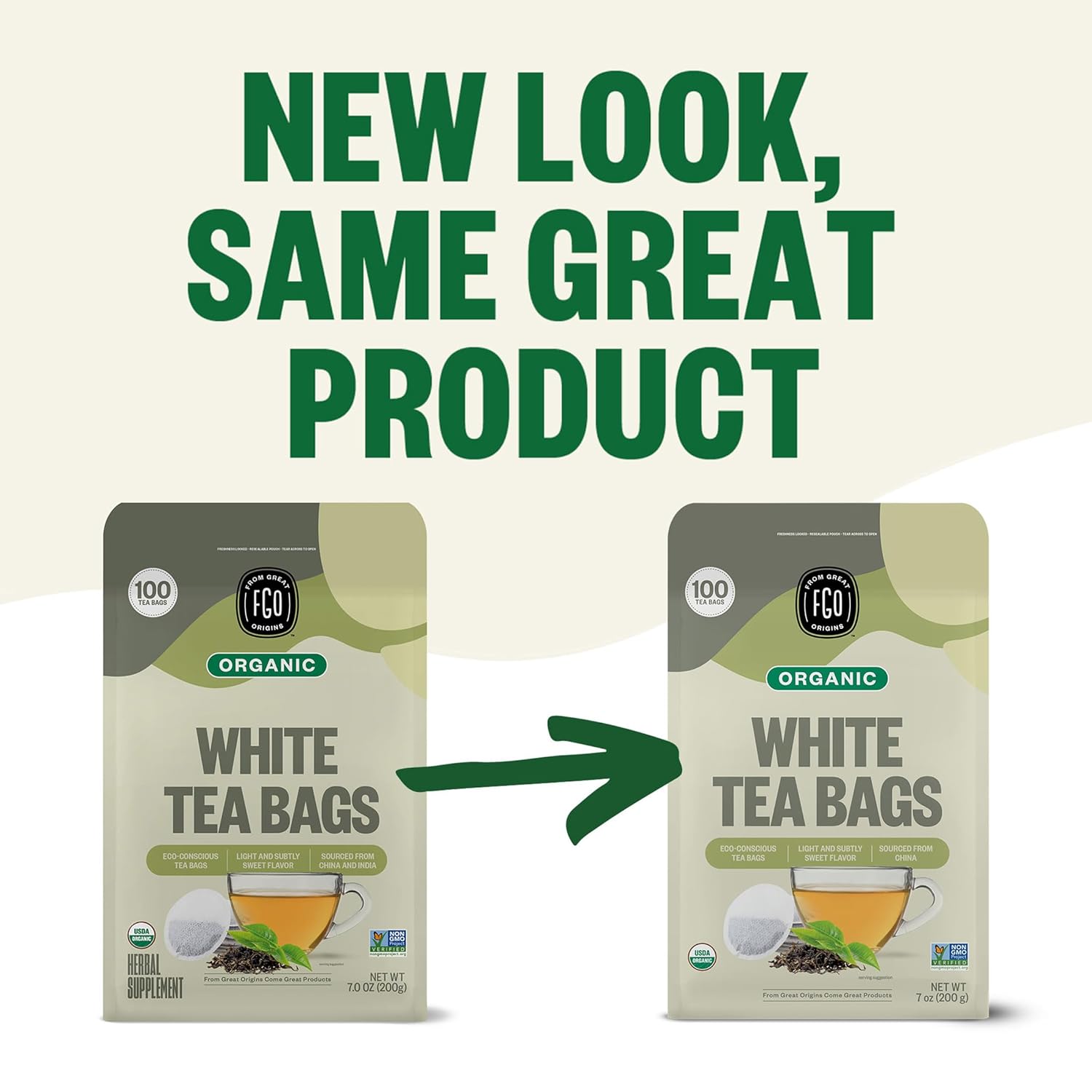 FGO Organic White Tea, 100 Count, Eco-Conscious Tea Bags, Resealable Bag, Packaging May Vary(Pack of 1)