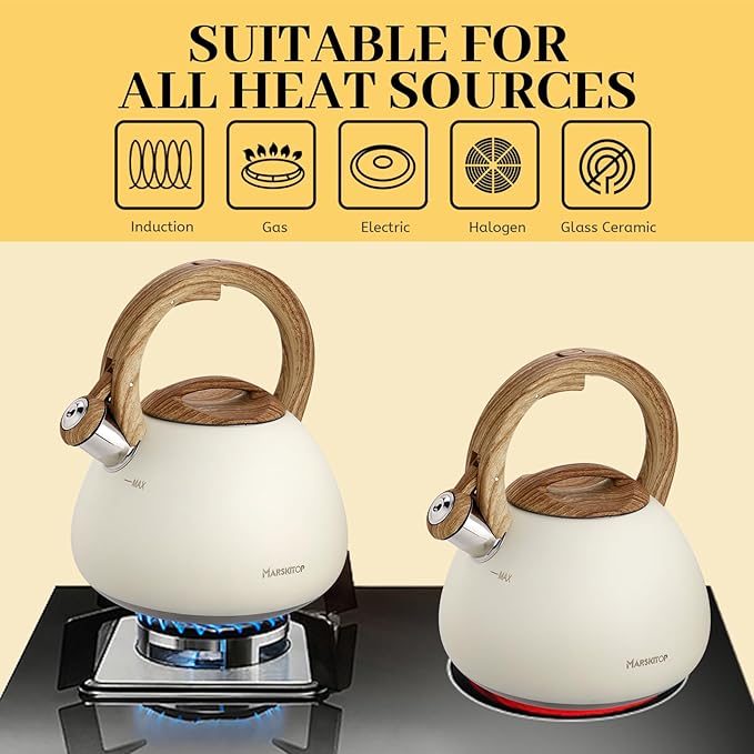 Marskitop Tea Kettle, 2.6 Quart Tea Pot for Stove, Food Grade Stainless Steel Whistling Teapot for Stovetop with Anti-Hot Handle