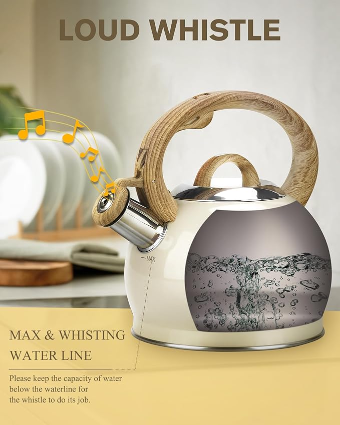Teapot for Stovetop, 2.1 Quart Stove Top Whistling Tea Kettle, Teapot Kettles with Food Grade Stainless Steel and Wood Pattern Folding Handle