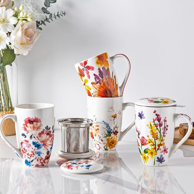 Gbhome Tea Mug with Infuser and Lid, 18 Ounce Large Ceramic Loose Leaf Tea Cup, Microwave, Dishwasher Safe Tea Steeping Mug
