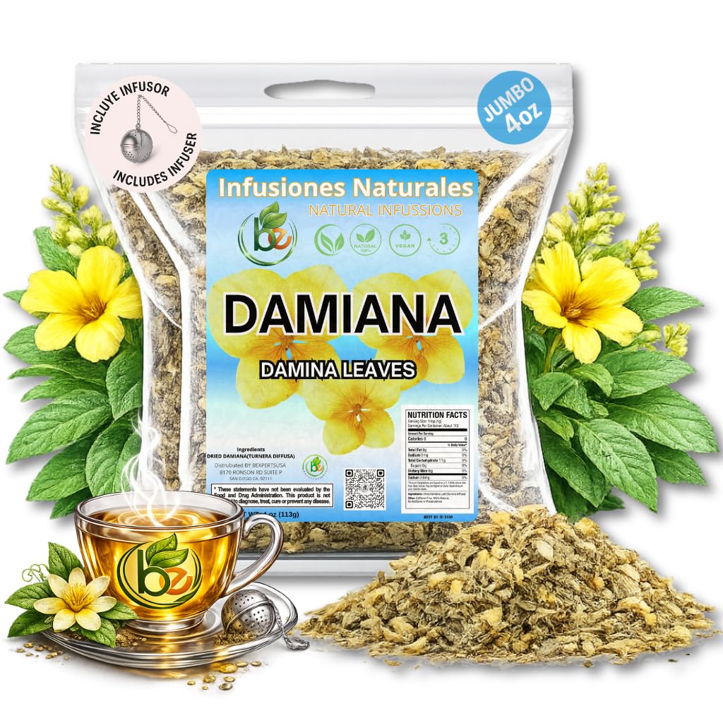 Damiana Leaf Te – 4 oz (113g) Loose Herbal Tea + Stainless Steel Tea Infuser – 100% Natural Turnera diffusa – Authentic