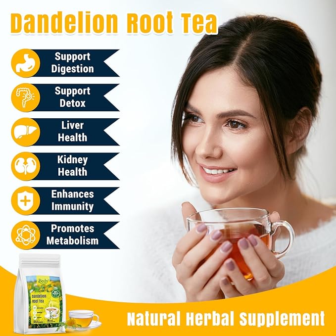 Bedy Dandelion Root Tea, Natural Dandelion Herbal Tea, Support Digestion and Boost Immune System, Caffeine Free, 50 Individually Wrapped Tea Bags