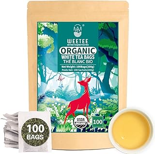 WT WEETEE Organic White Tea Bags, Organic Pure White Tea 100 Count, Mellow & Smooth, Perfect for Hot or Iced Tea