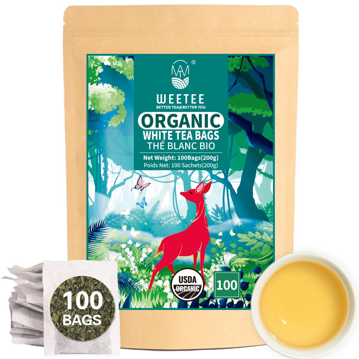 WT Weetee Organic White Tea Bags, Organic Pure White Tea 100 Count, Mellow & Smooth, Perfect for Hot or Iced Tea