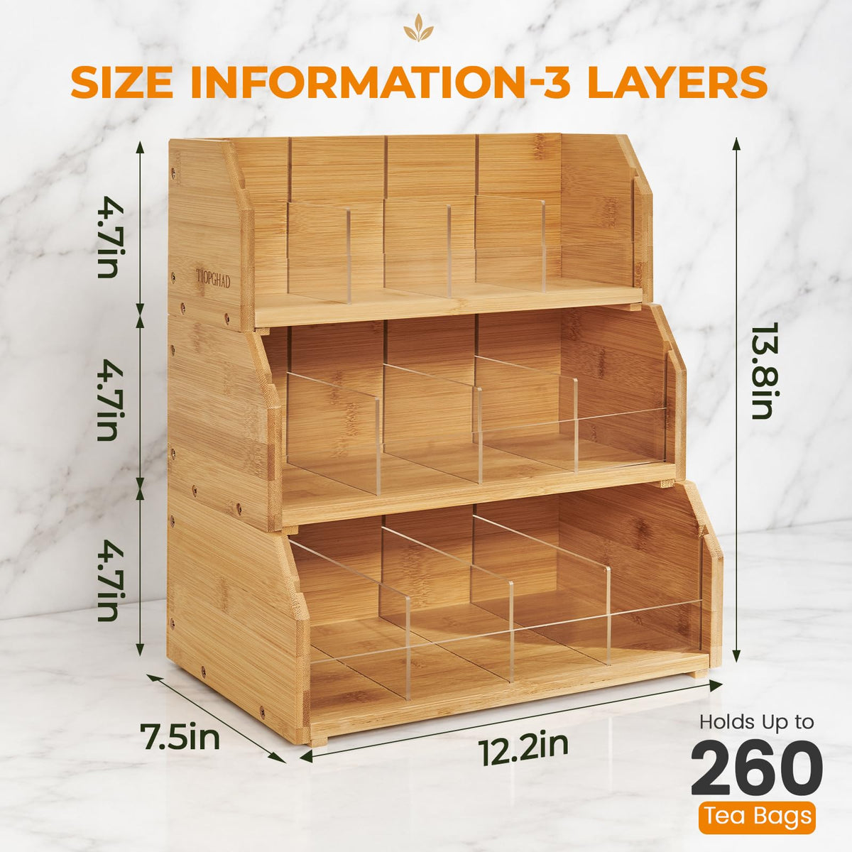 TIOPGHAD 3-Layer Stackable Bamboo Tea Bag Organizer Storage Holder, Natural
