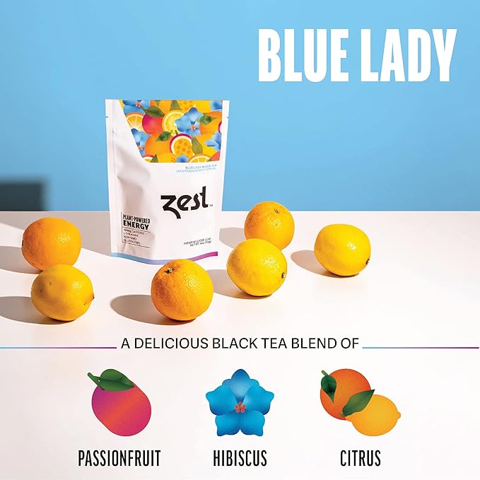 Zest 150mg High Caffeine Energy Loose Leaf Blend - Blue Lady Black Tea - 4 Oz - Hot or Iced - All Natural Strong Flavored Healthy Coffee Alternative Highly Caffeinated Substitute - Perfect for Keto