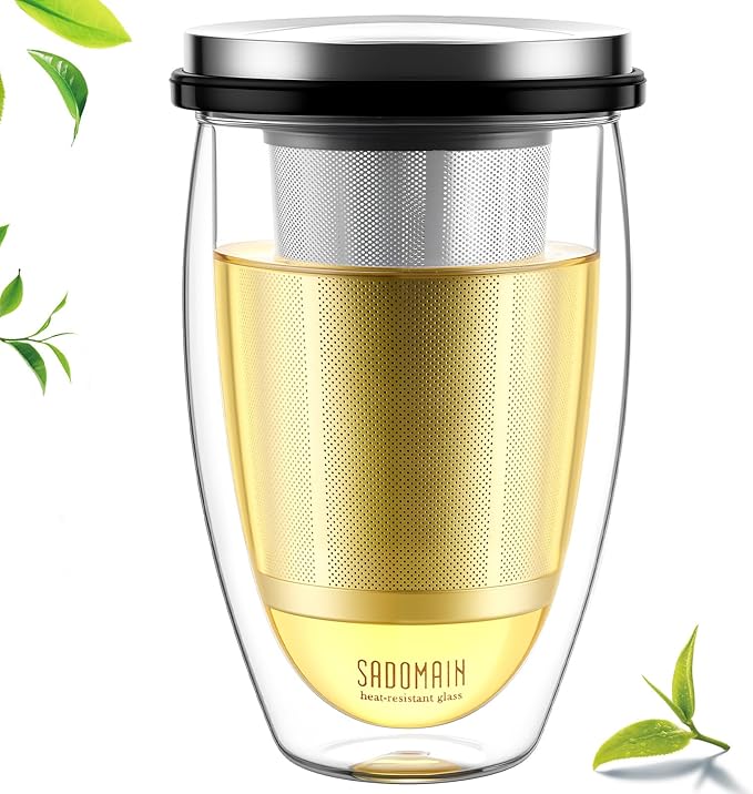 Glass Tea Cup with Infuser and Lid, Tea Infuser Mug in 12 OZ/350ML, Heat-Proof Double Wall Glass Tea Cup, 100% Plastic-Free Tea Mug with Lid and Strainer, Keeps Drinks Hot/Cold Longer Time