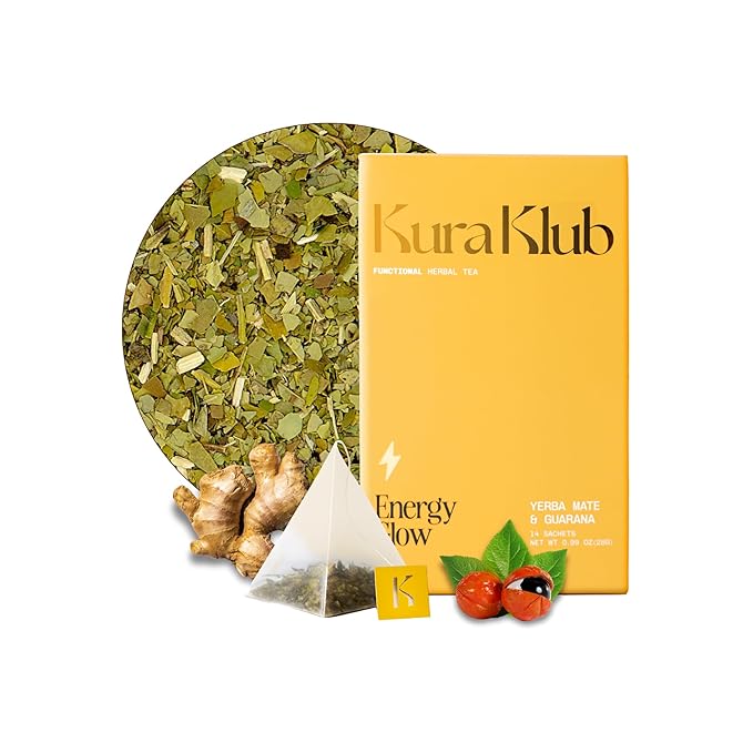 Kura Klub Yerba Mate Energy Glow Tea – Premium Energy Herbal Tea with Guarana, Ginger & Peppermint for Digestion, Gut Health & Satiety – Jitter-Free, No Crash – 3-in-1 Wellness Blend – Caffeine Alternative, No Microplastics – 14 Premium Teabags