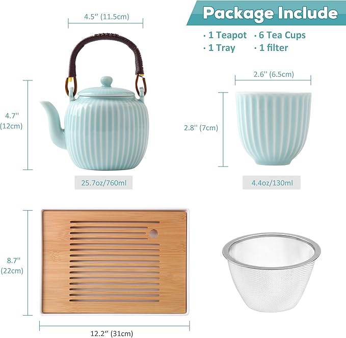 Dujust Japanese Tea Set, Cyan-blue Porcelain Tea Set with 1 Teapot Set, 6 Tea Cups, 1 Tea Tray, 1 Stainless Infuser